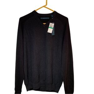 PERRY ELLIS.‎ NWT. Black Knit Sweater/Cardigan. V-Neck. Size L. Black Heather